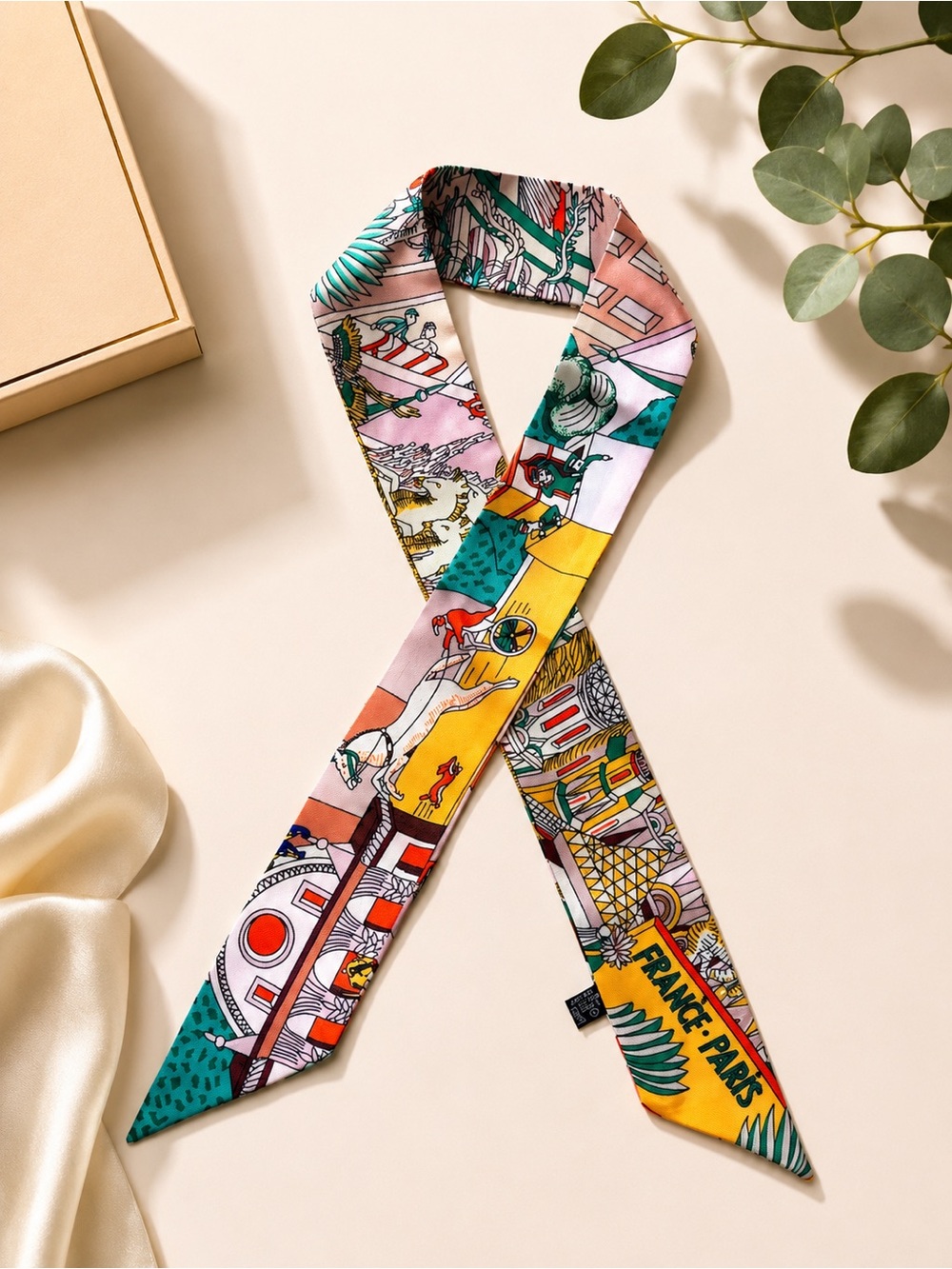 Colorful Paris-Themed Printed Twilly Scarf